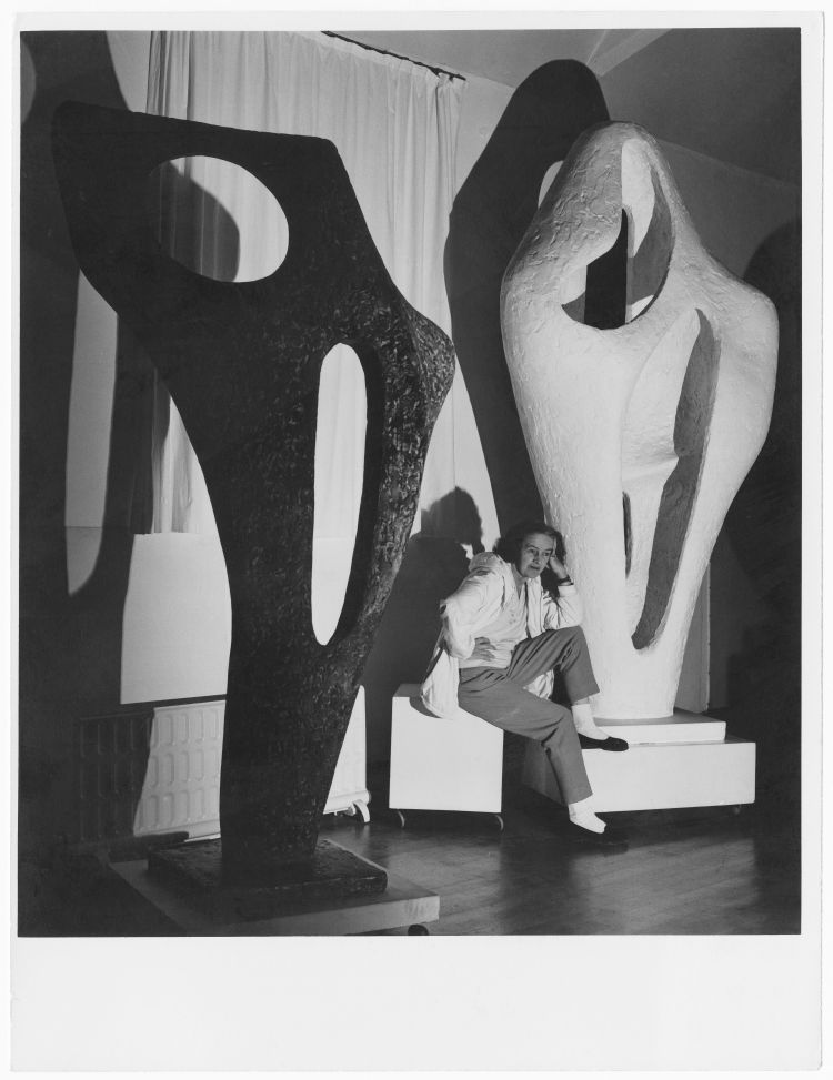 Barbara Hepworth with the Gift plaster of Figure for Landscape and a bronze cast of Figure (Archaean) November 1964. Courtesy Bowness. Photograph: Lucien Myers